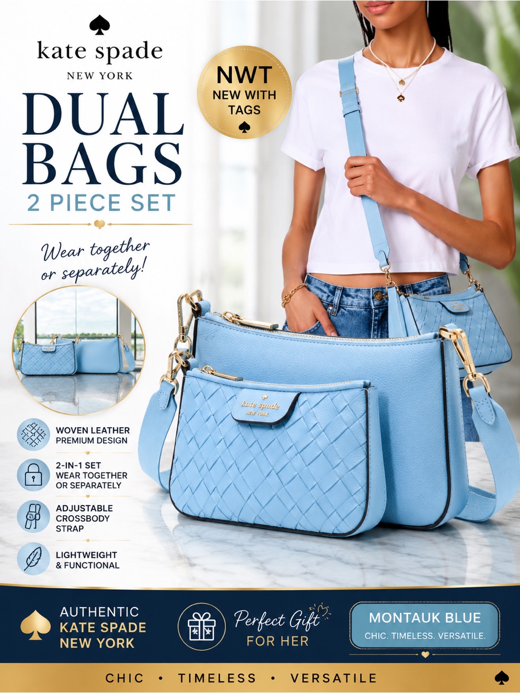 Kate Spade Duet - 2 Piece Crossbody Set | Montauk Blue With Gold Hardware Nwt